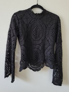 Black Lace Mock-Neck Long-Sleeve Blouse